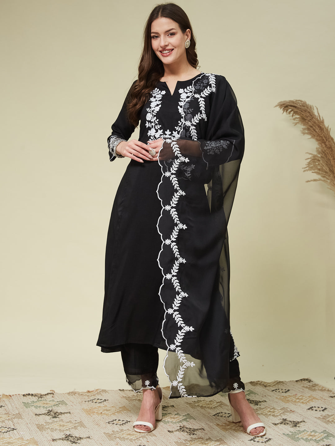 Black Silk Solid Embroidered Kurta With Dupatta Set