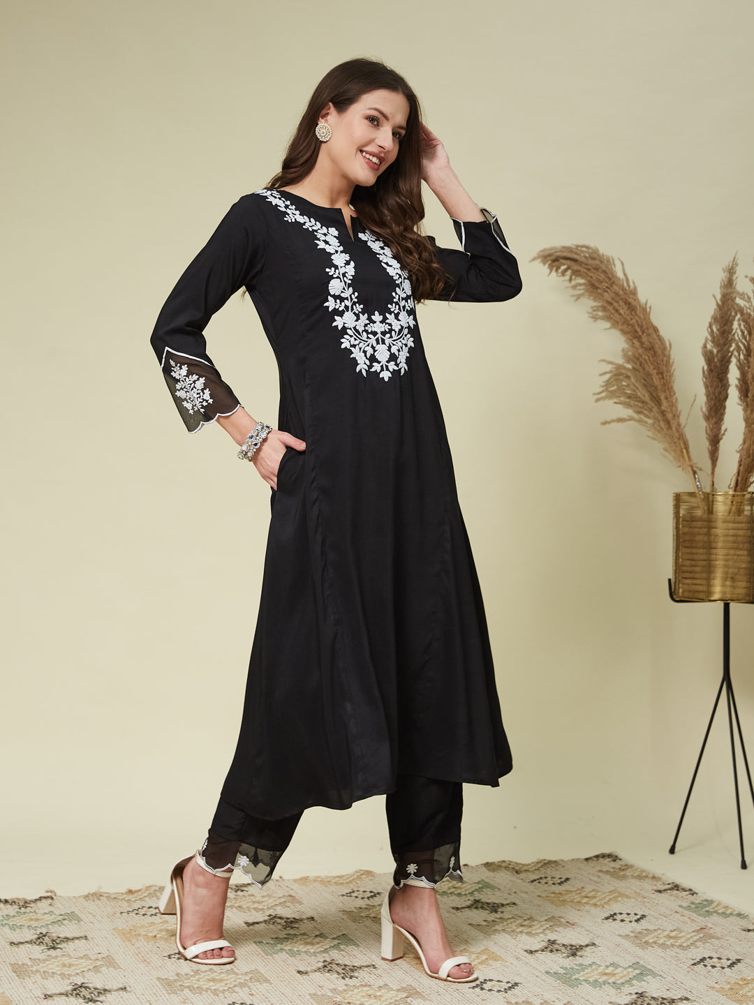Black Silk Solid Embroidered Kurta With Dupatta Set