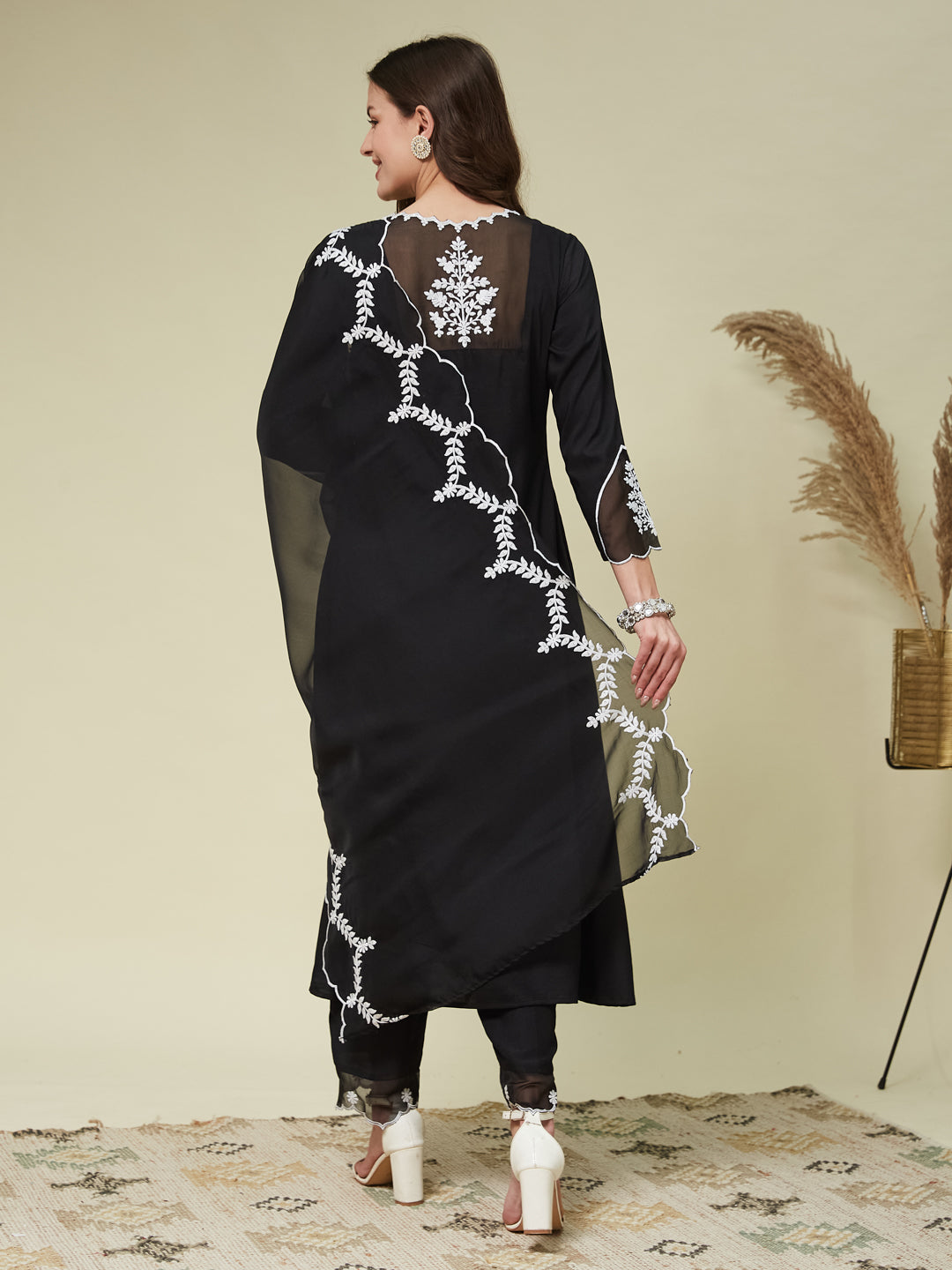 Black Silk Solid Embroidered Kurta With Dupatta Set