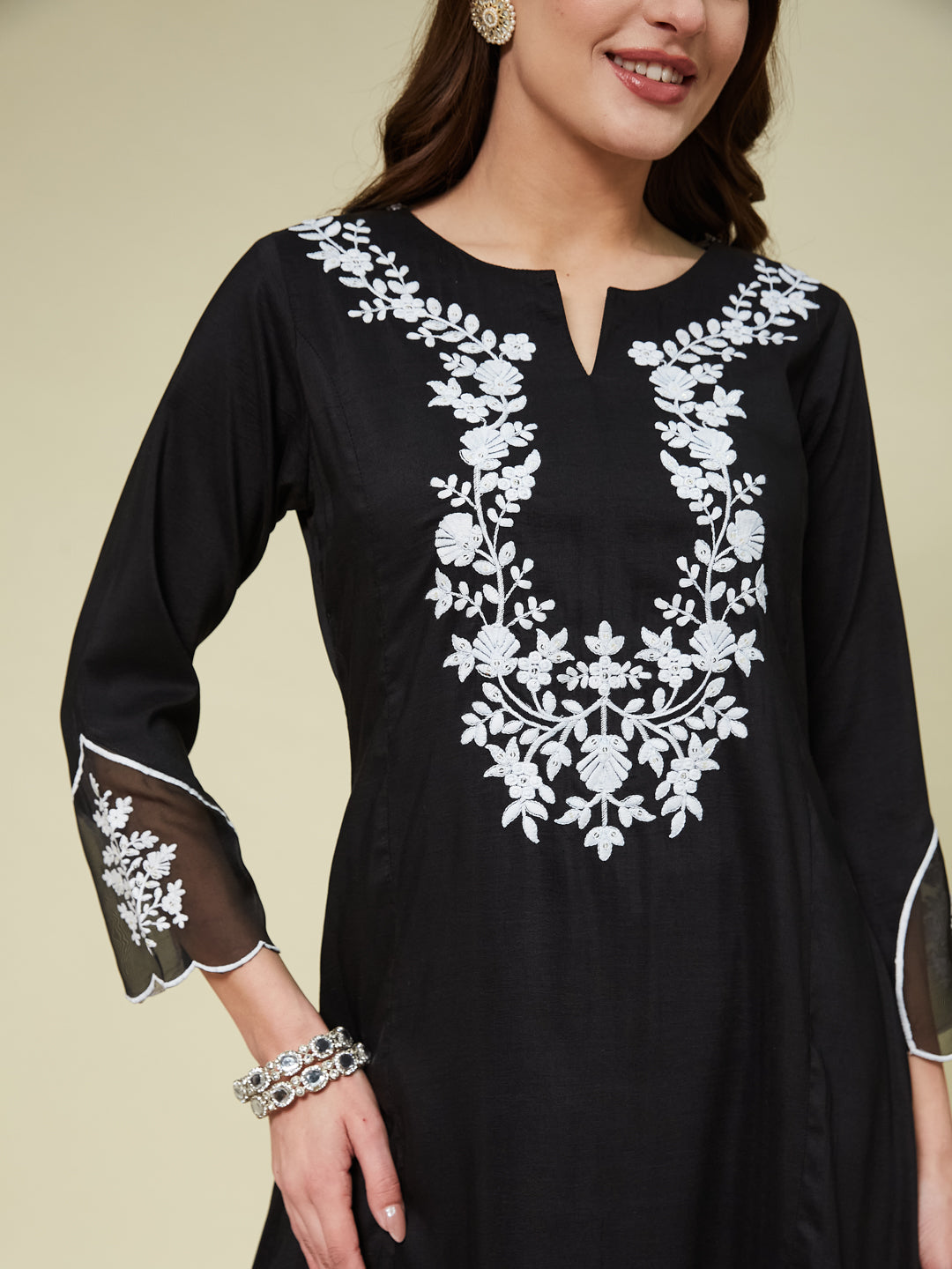 Black Silk Solid Embroidered Kurta With Dupatta Set