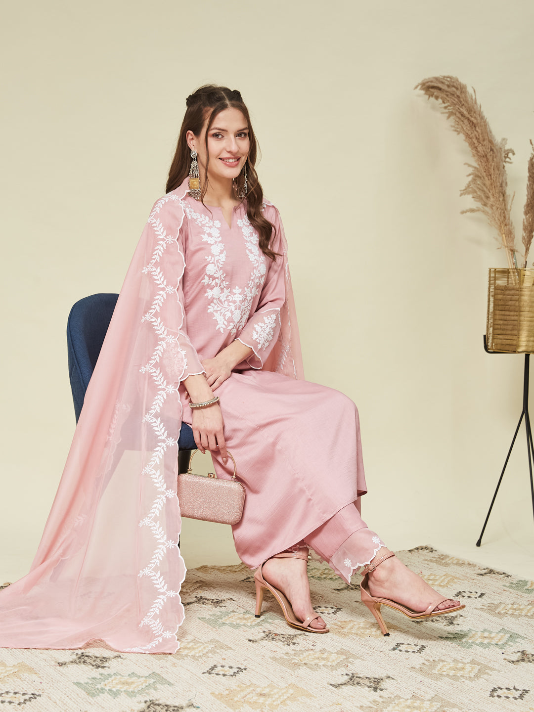 Pink Silk Solid Embroidered Kurta With Dupatta Set