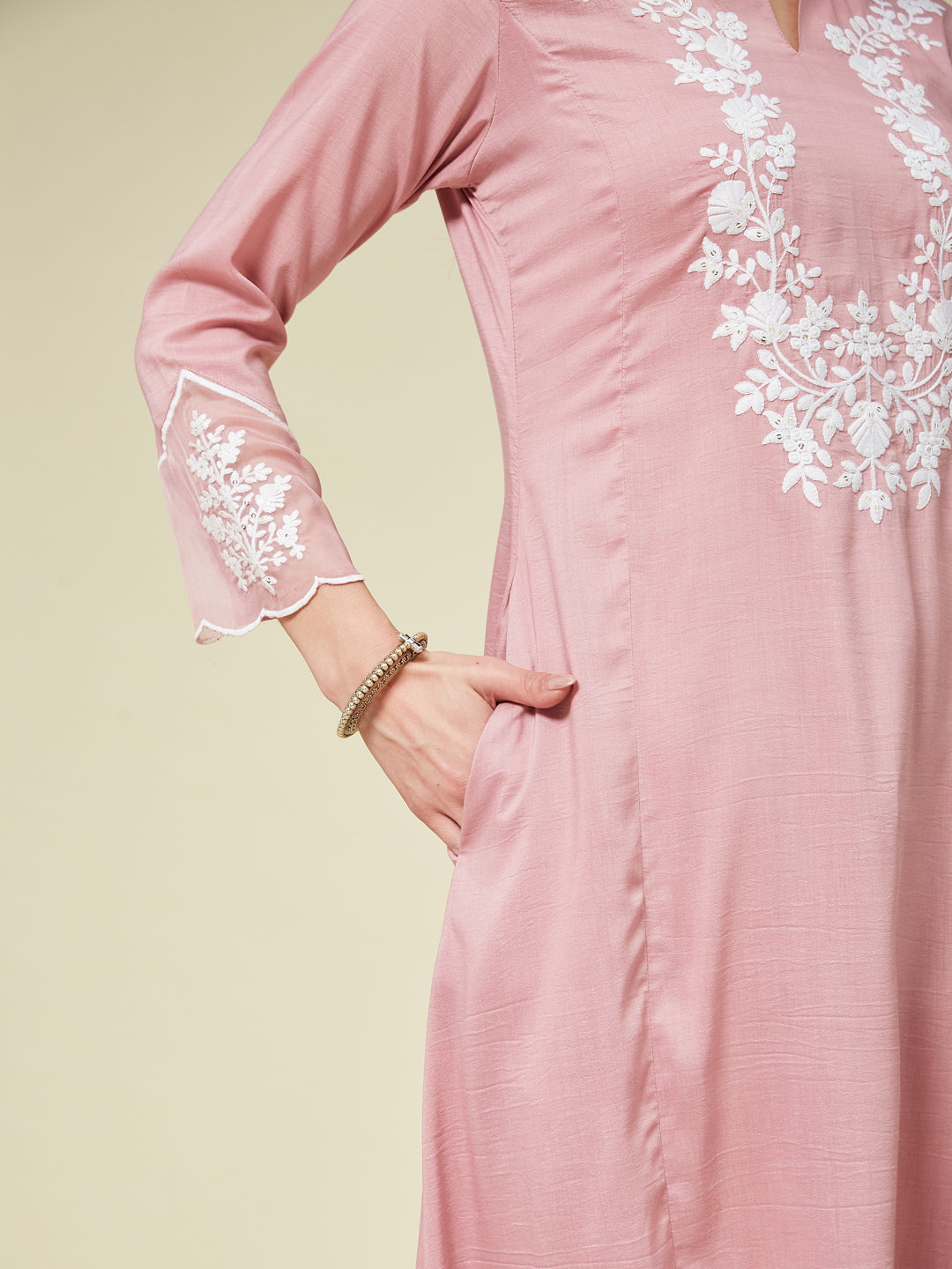 Pink Silk Solid Embroidered Kurta With Dupatta Set