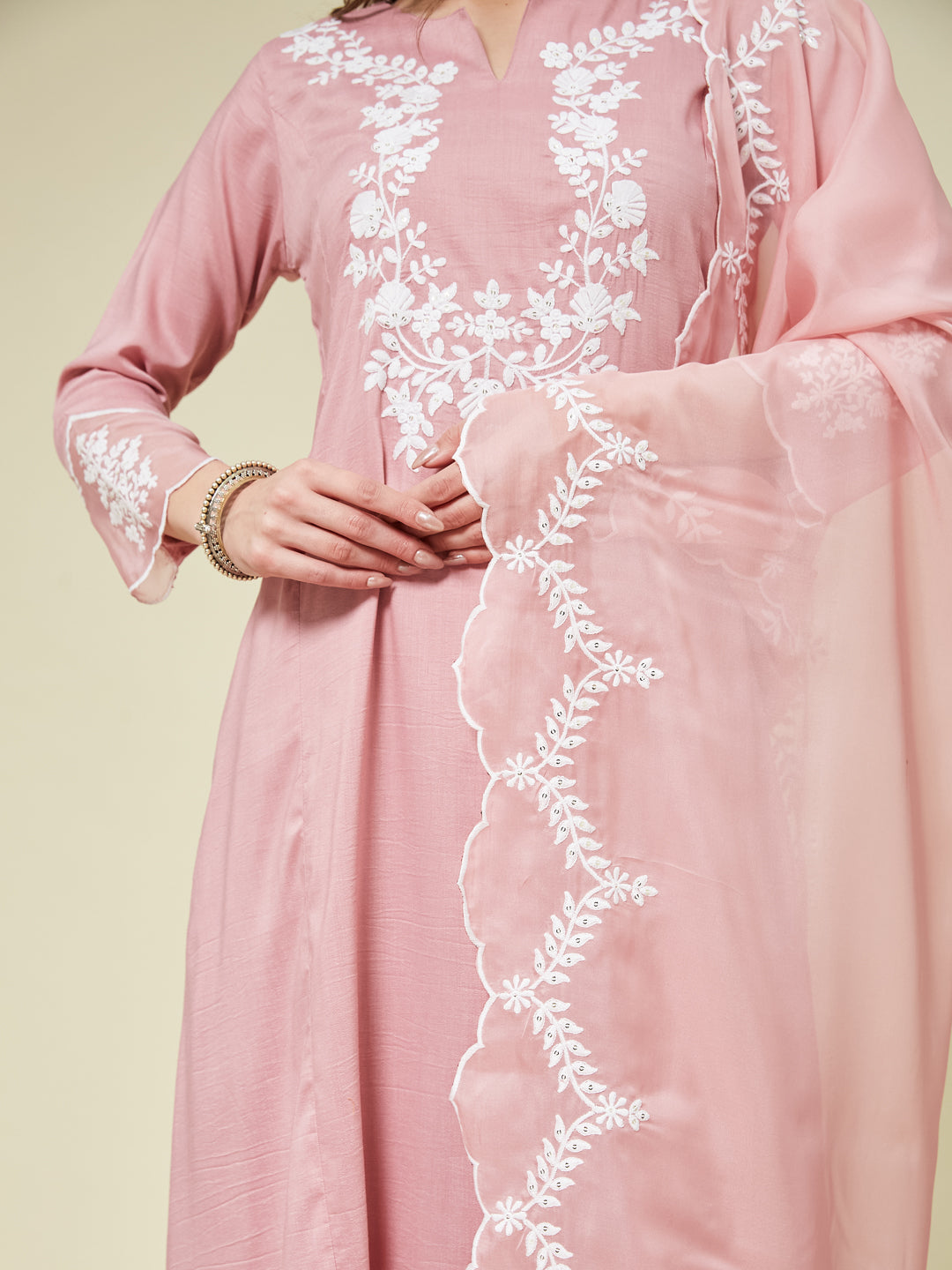 Pink Silk Solid Embroidered Kurta With Dupatta Set