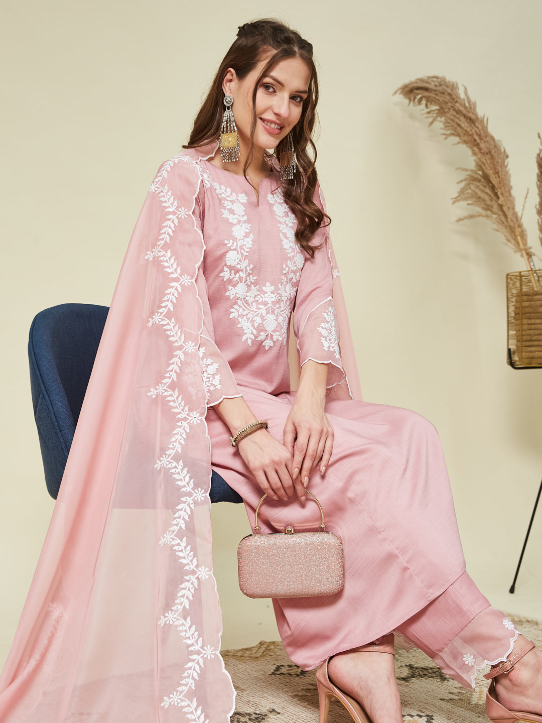 Pink Silk Solid Embroidered Kurta With Dupatta Set
