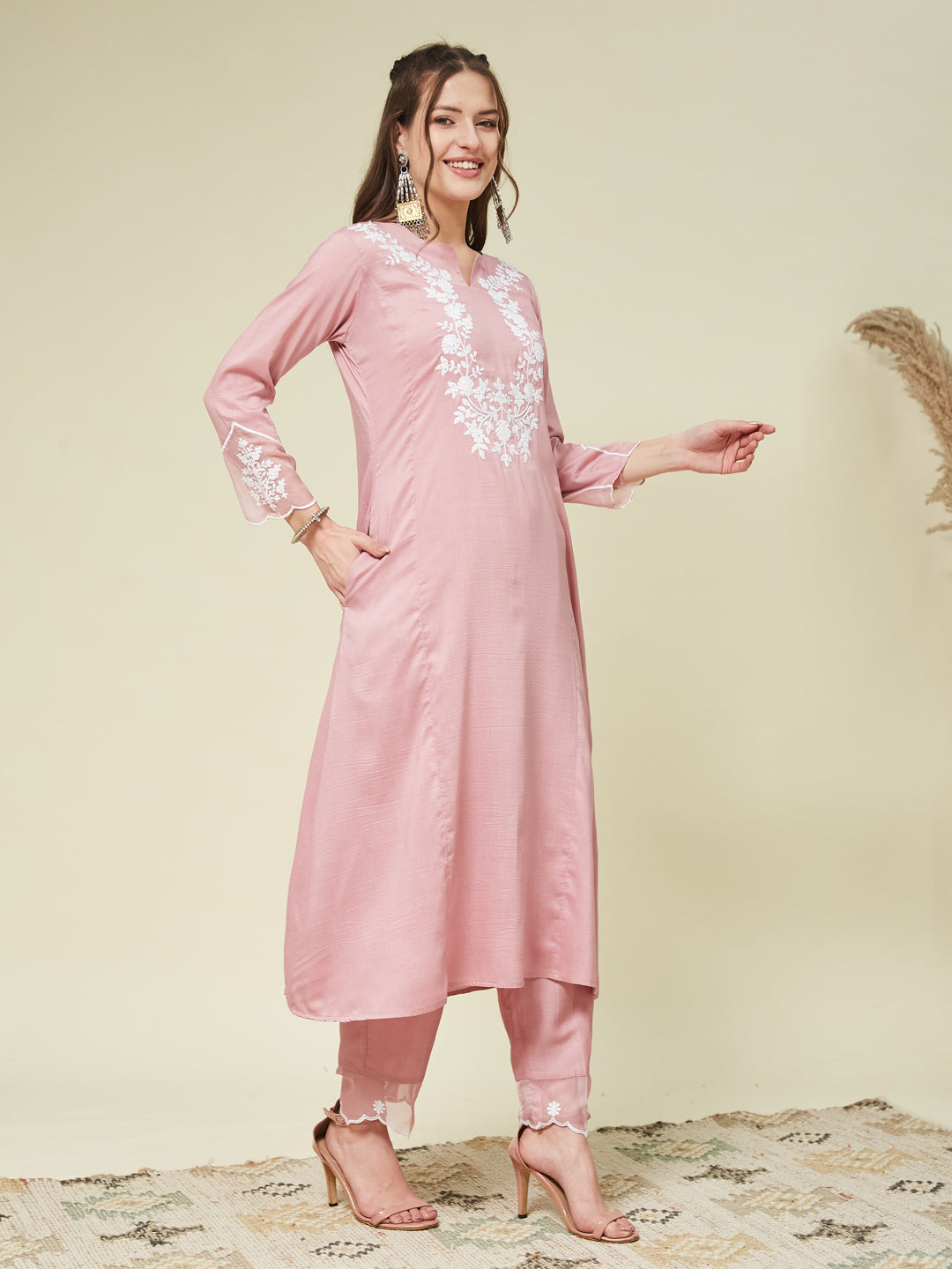 Pink Silk Solid Embroidered Kurta With Dupatta Set
