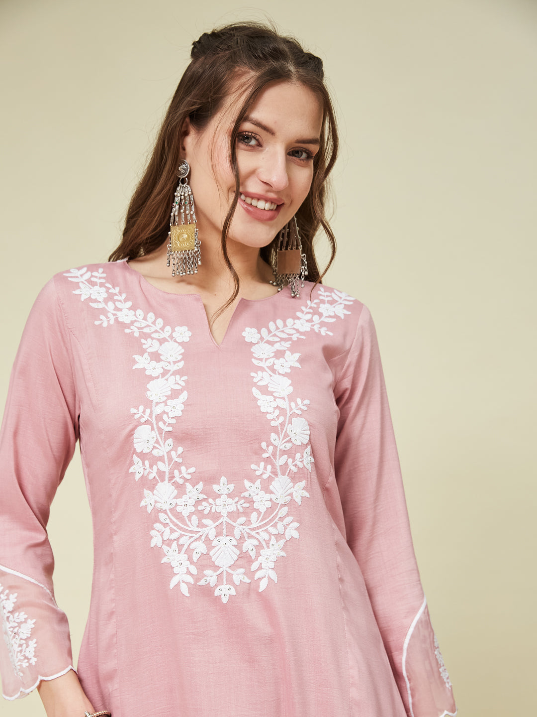Pink Silk Solid Embroidered Kurta With Dupatta Set