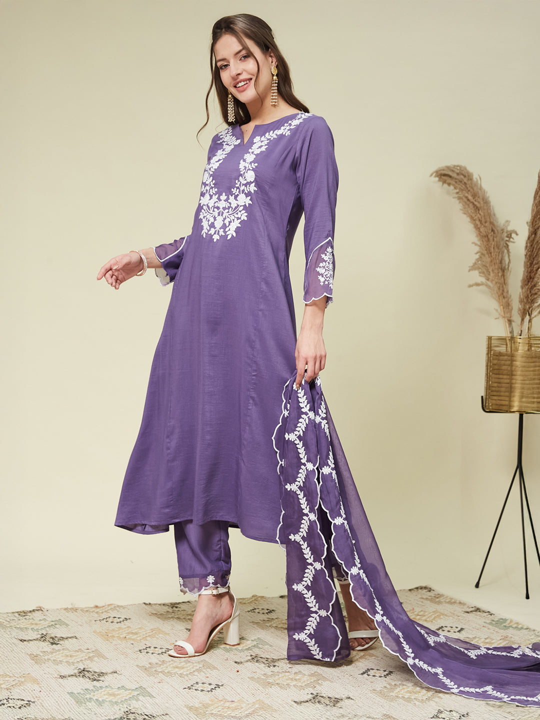 Purple Silk Solid Embroidered Kurta With Dupatta Set