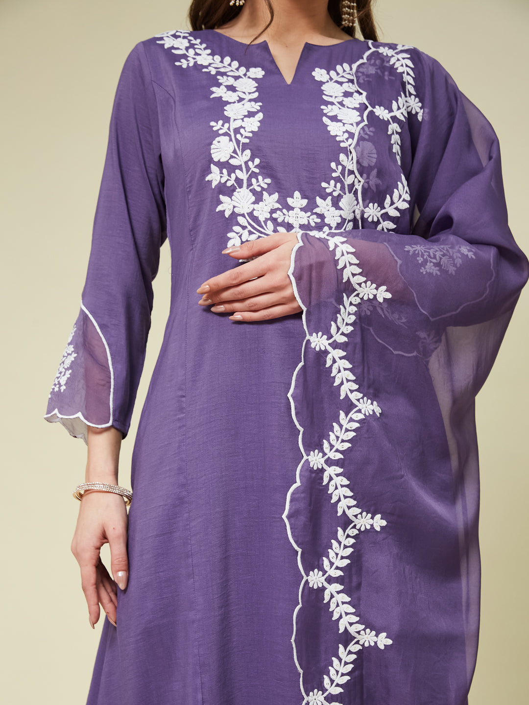 Purple Silk Solid Embroidered Kurta With Dupatta Set