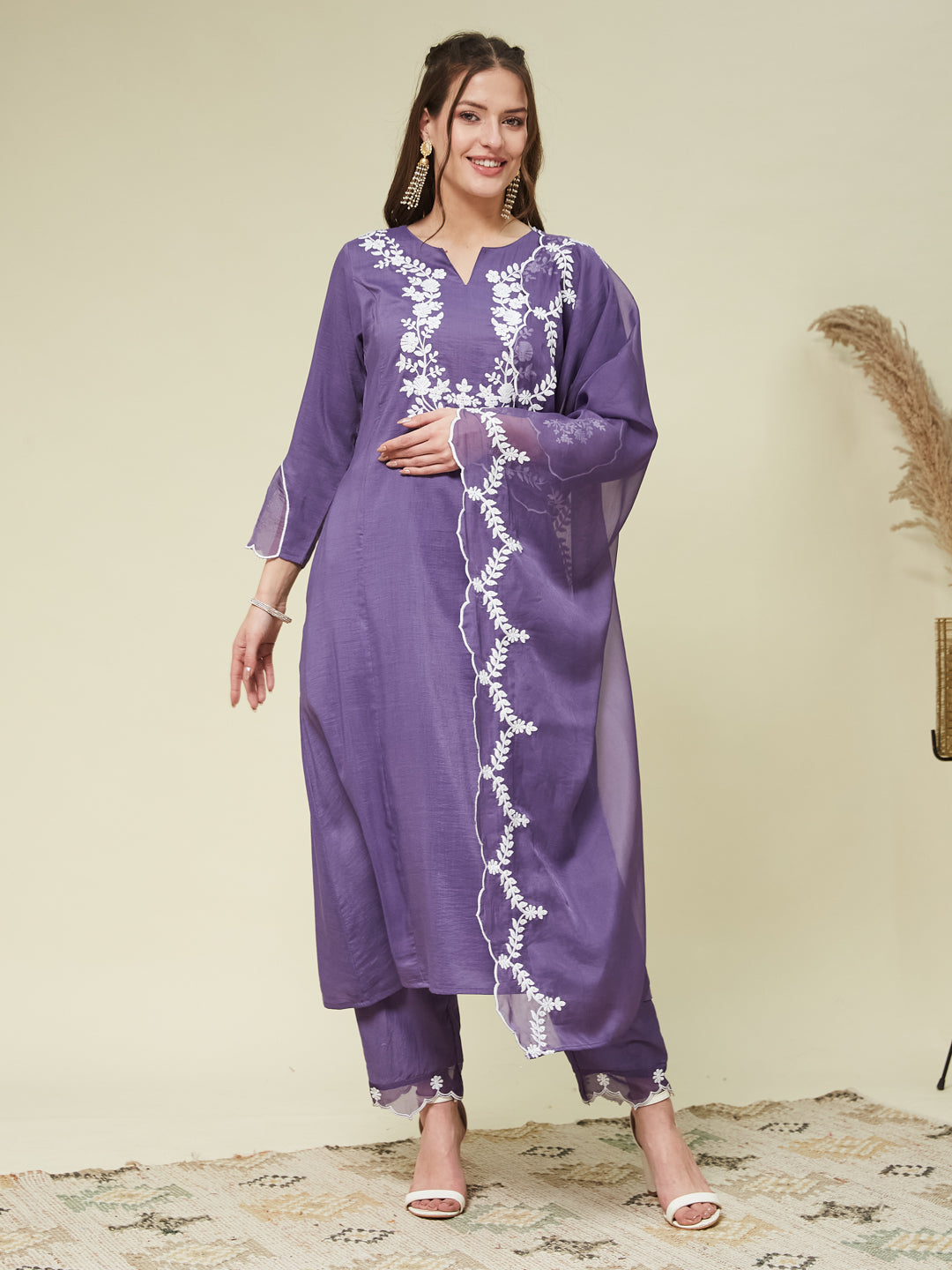 Purple Silk Solid Embroidered Kurta With Dupatta Set