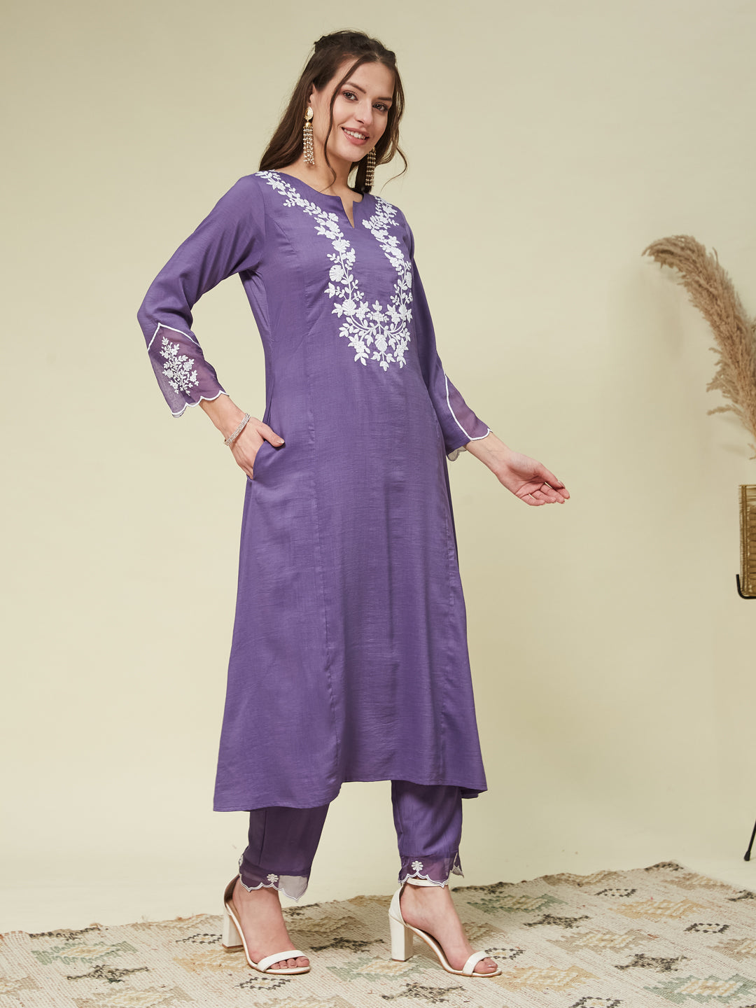 Purple Silk Solid Embroidered Kurta With Dupatta Set