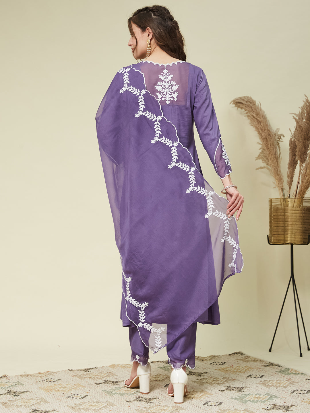 Purple Silk Solid Embroidered Kurta With Dupatta Set