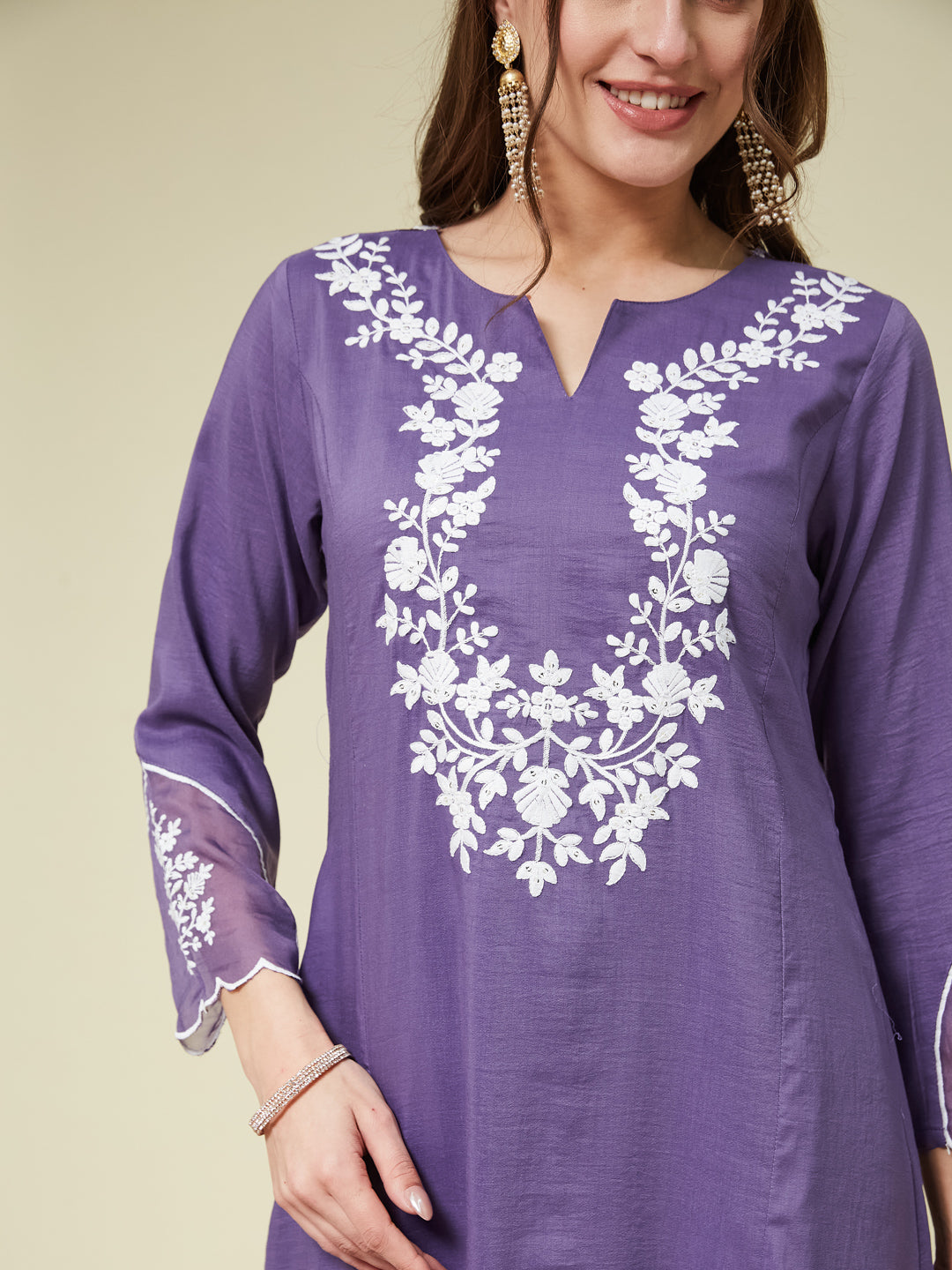 Purple Silk Solid Embroidered Kurta With Dupatta Set