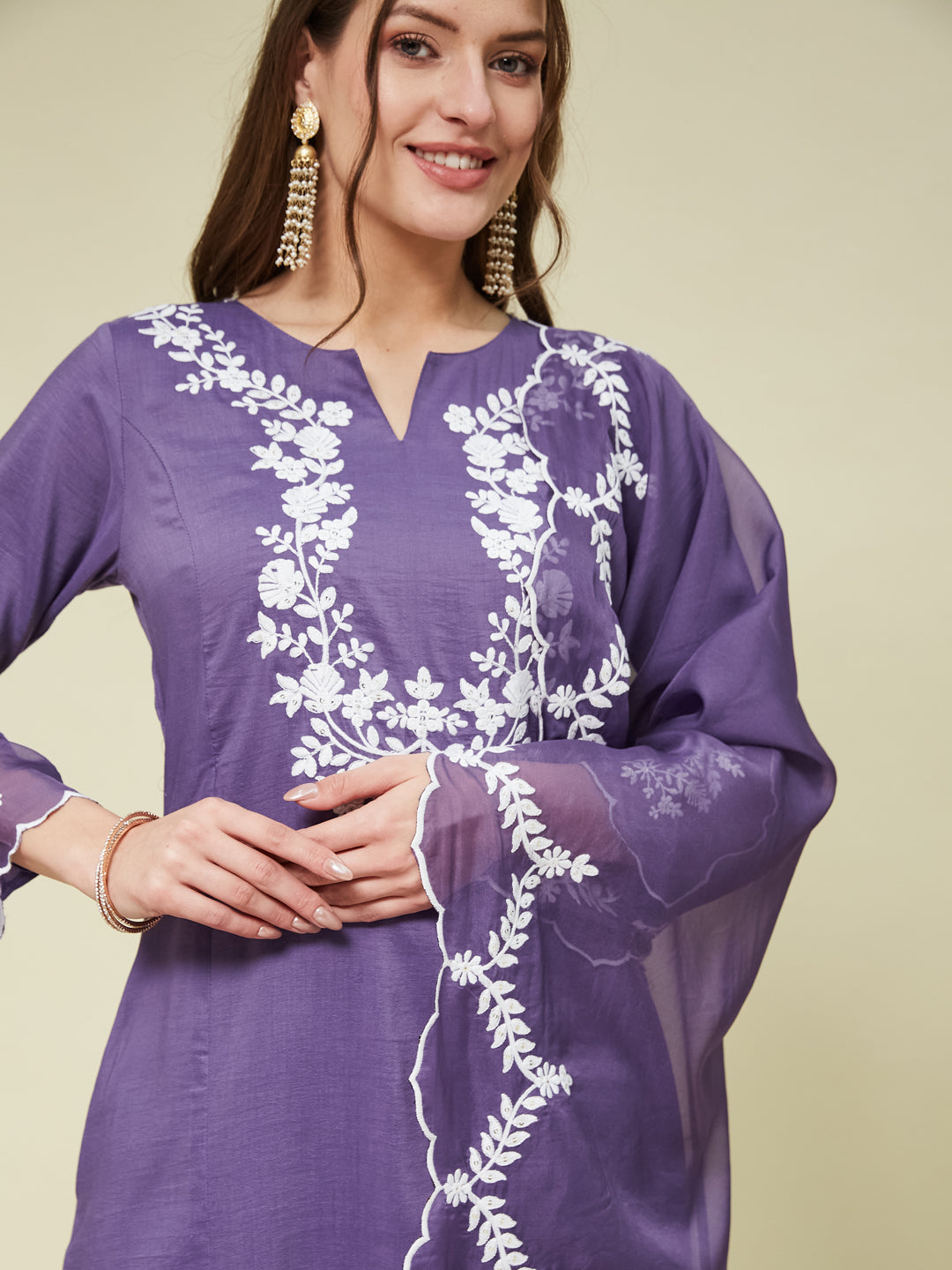 Purple Silk Solid Embroidered Kurta With Dupatta Set