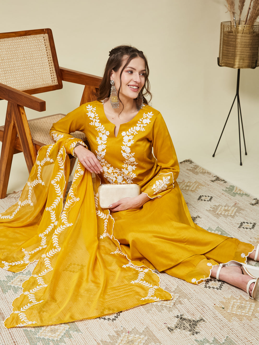Mustard Silk Solid Embroidered Kurta With Dupatta Set