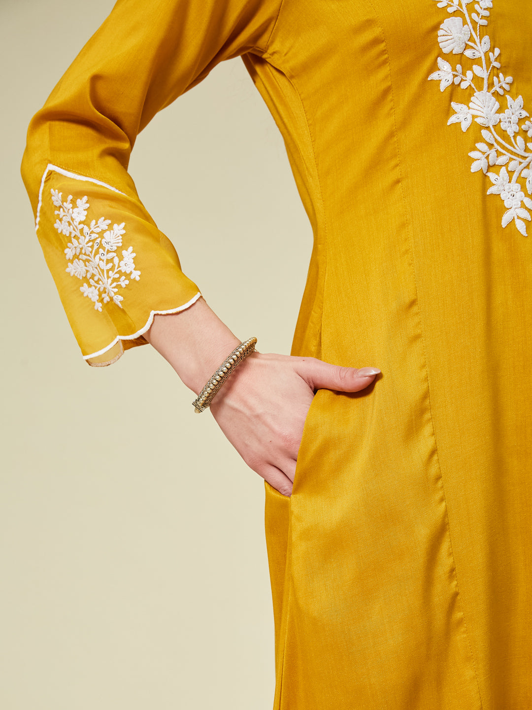 Mustard Silk Solid Embroidered Kurta With Dupatta Set