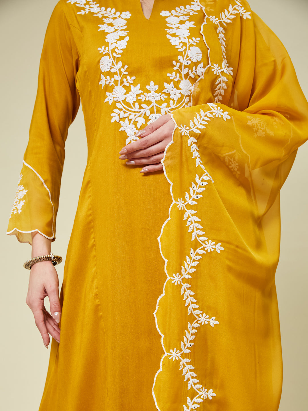 Mustard Silk Solid Embroidered Kurta With Dupatta Set