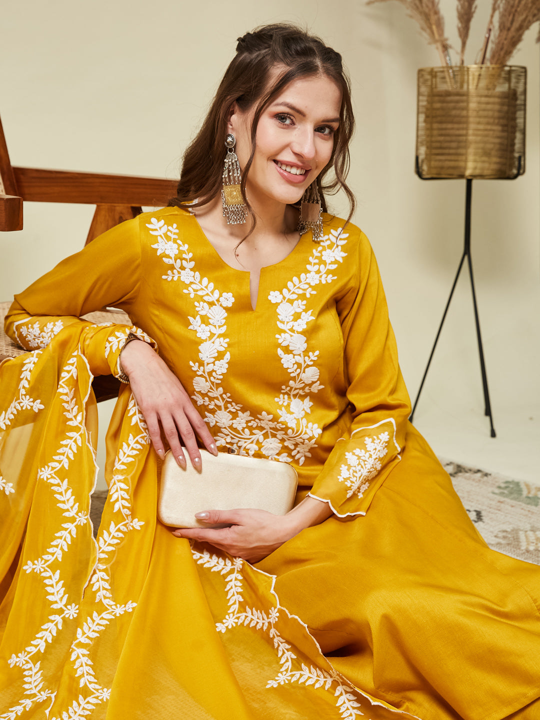 Mustard Silk Solid Embroidered Kurta With Dupatta Set