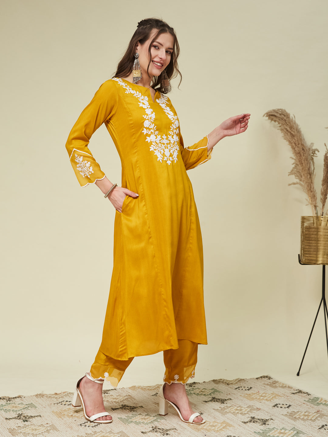 Mustard Silk Solid Embroidered Kurta With Dupatta Set