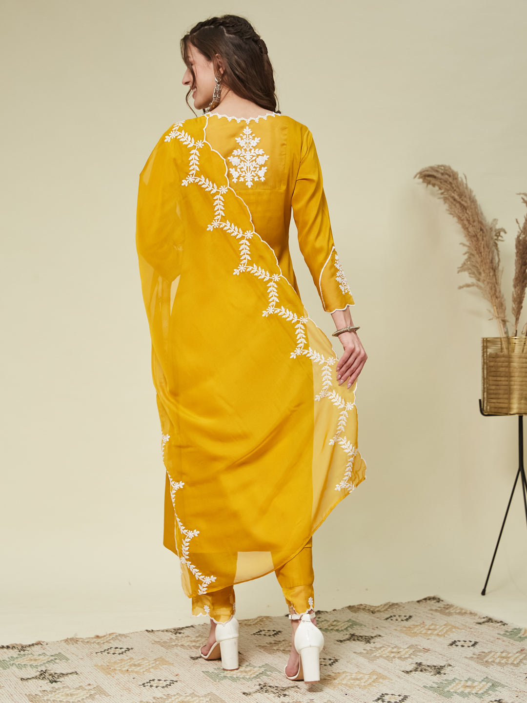 Mustard Silk Solid Embroidered Kurta With Dupatta Set