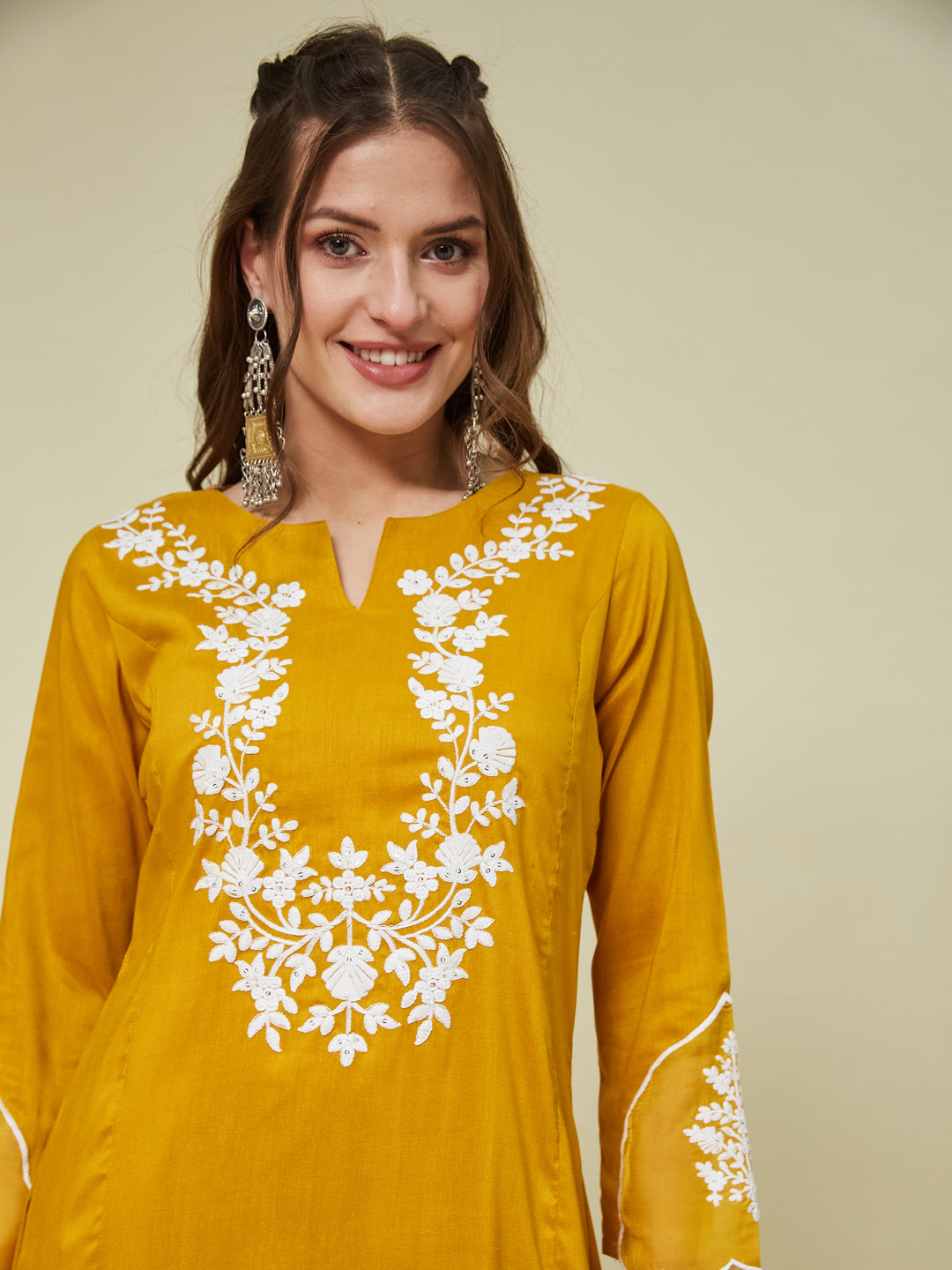 Mustard Silk Solid Embroidered Kurta With Dupatta Set