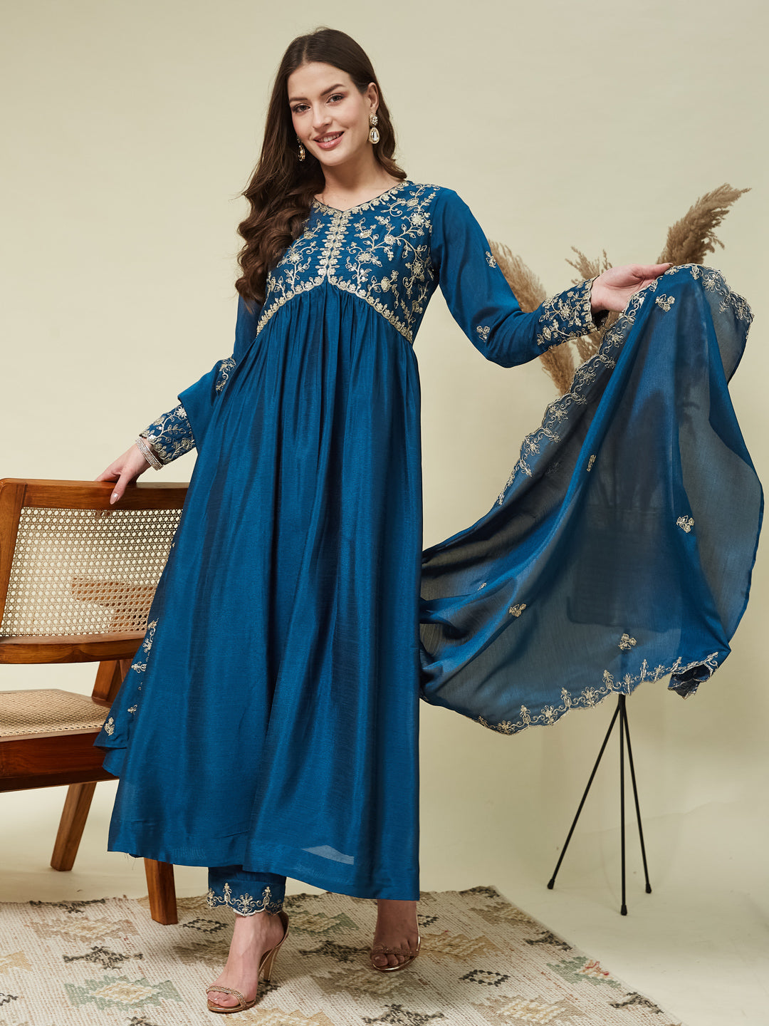 Teal Blue Embroidered Silk Blend Anarkali Kurta Set with Dupatta
