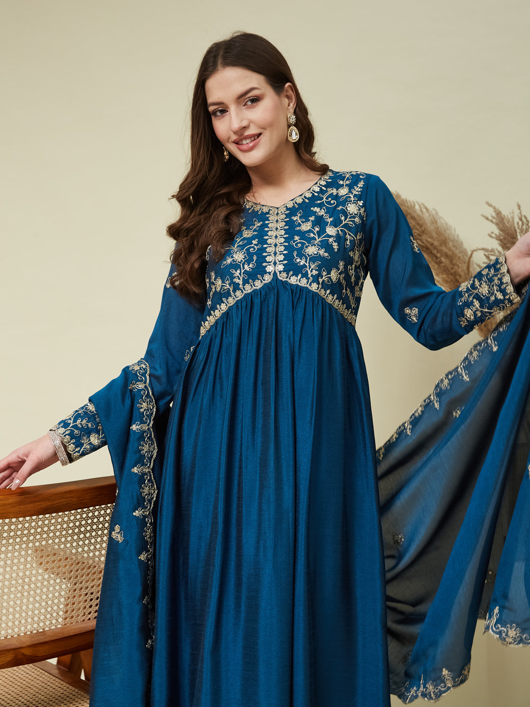 Teal Blue Embroidered Silk Blend Anarkali Kurta Set with Dupatta