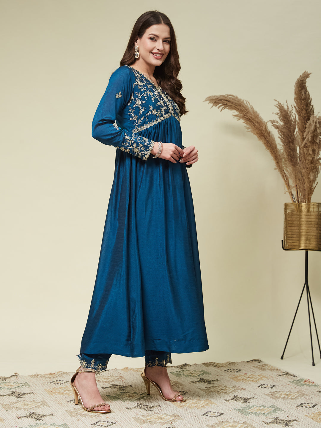 Teal Blue Embroidered Silk Blend Anarkali Kurta Set with Dupatta