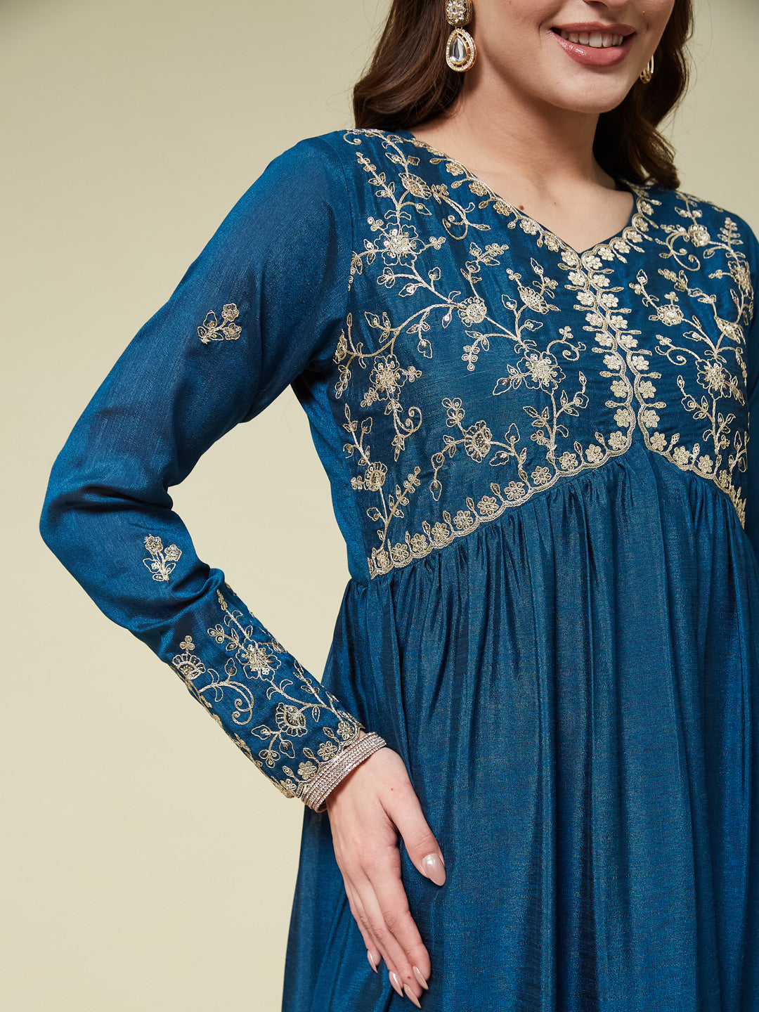 Teal Blue Embroidered Silk Blend Anarkali Kurta Set with Dupatta