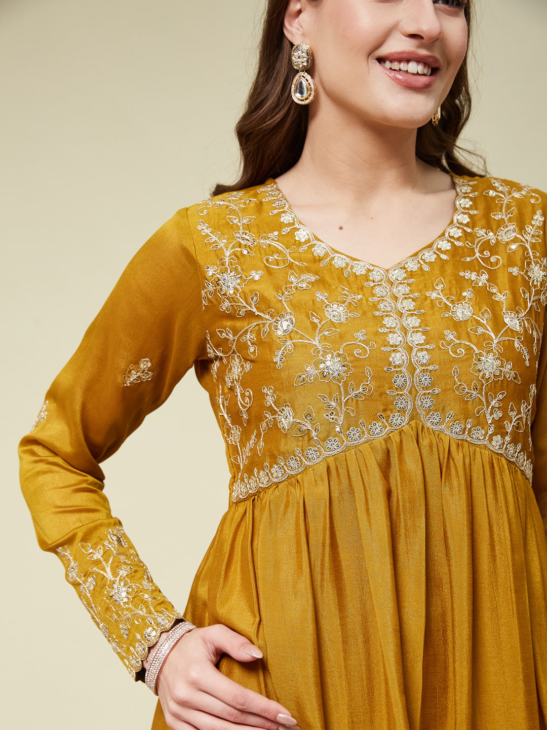 Mustard Embroidered Silk Blend Anarkali Kurta Set with Dupatta