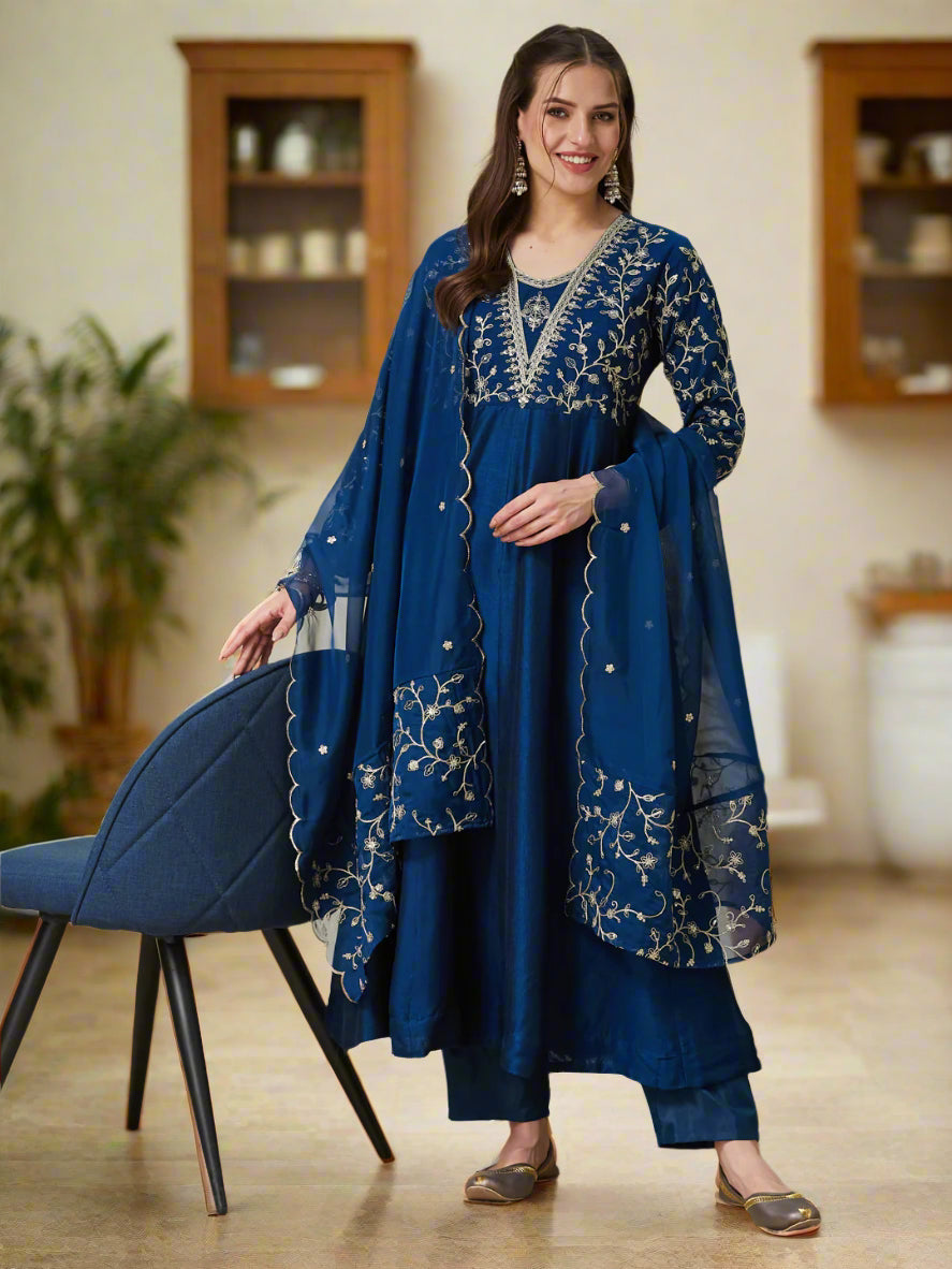 Teal Blue Embroidered Silk Anarkali Kurta With Dupatta Set