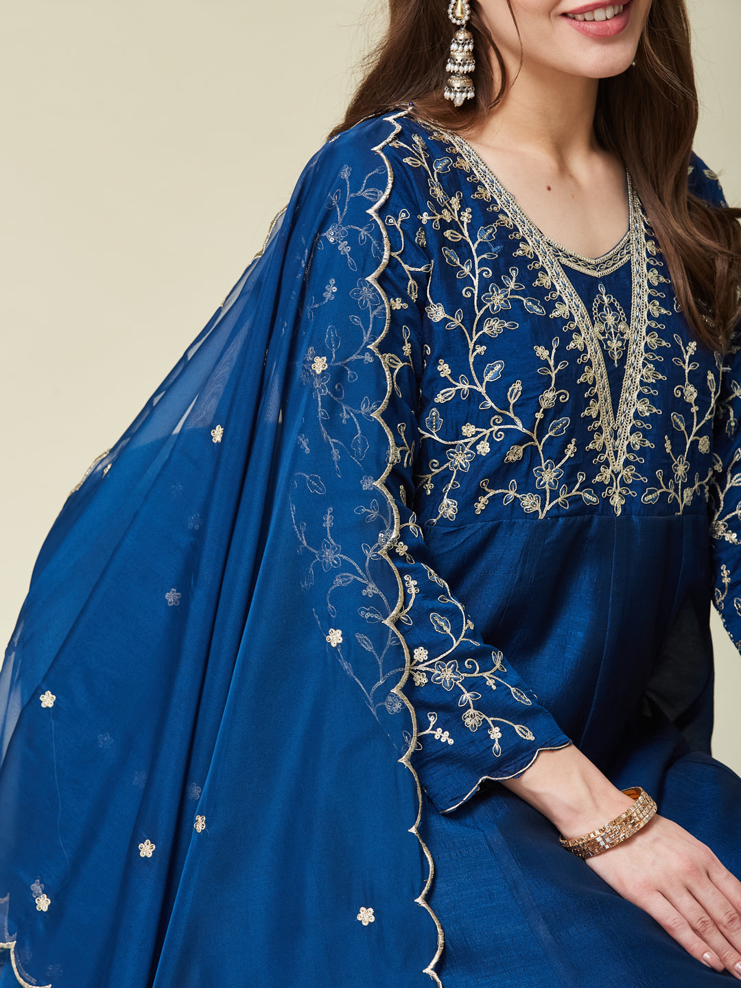 Teal Blue Embroidered Silk Anarkali Kurta With Dupatta Set