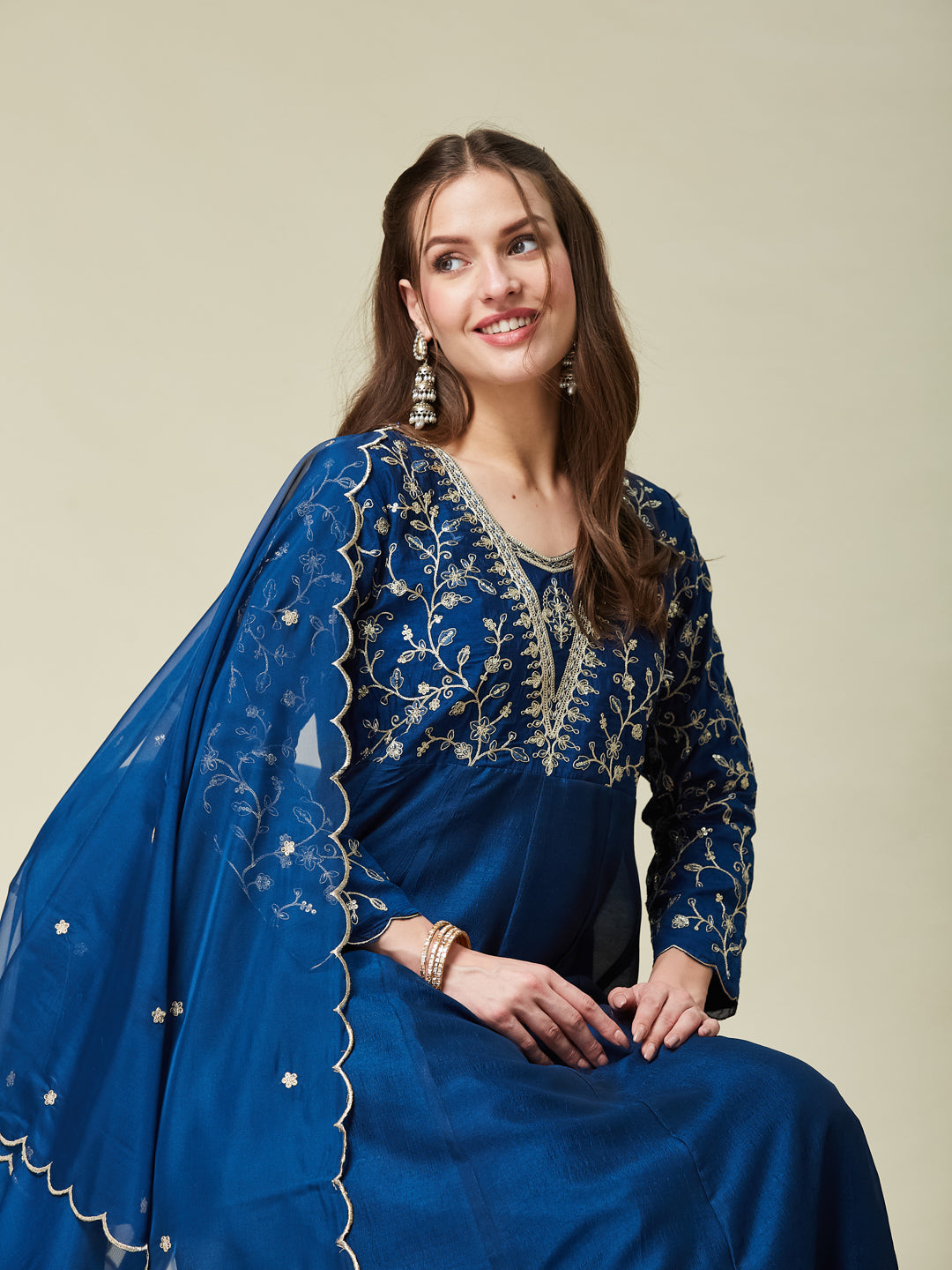 Teal Blue Embroidered Silk Anarkali Kurta With Dupatta Set