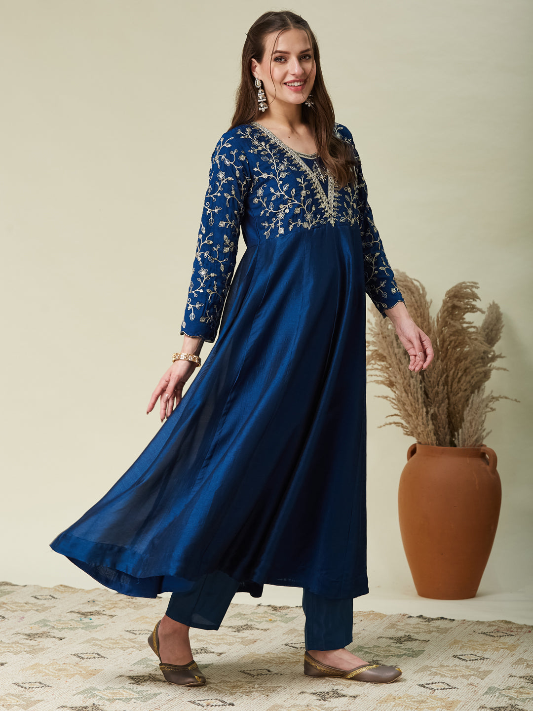 Teal Blue Embroidered Silk Anarkali Kurta With Dupatta Set