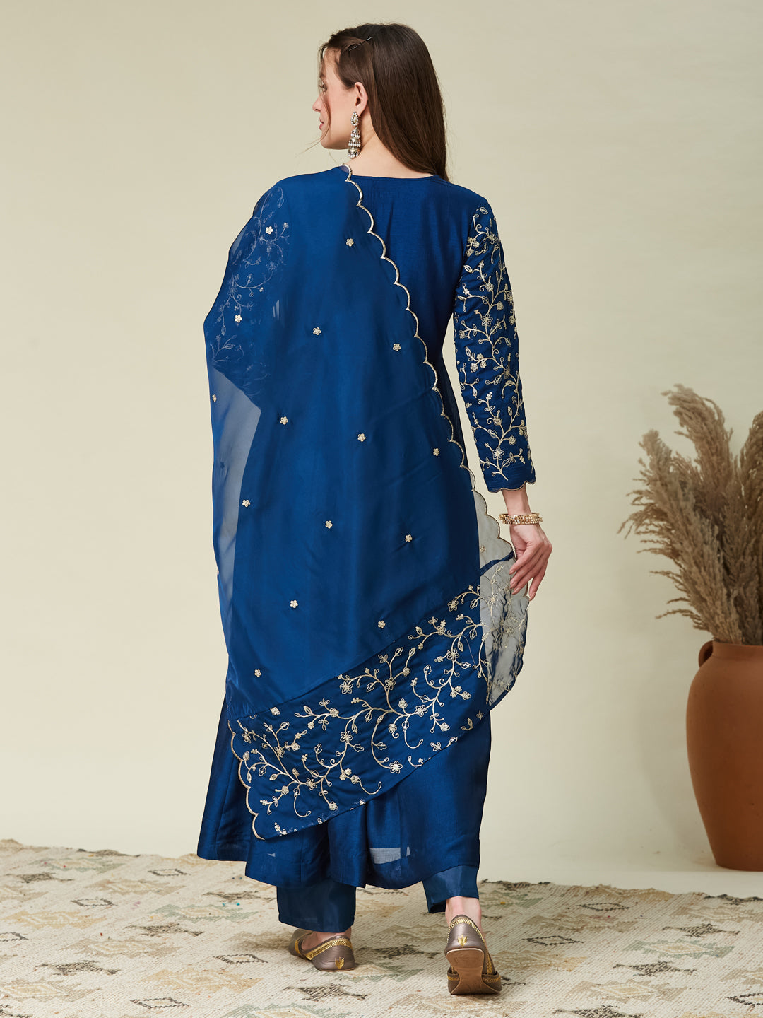 Teal Blue Embroidered Silk Anarkali Kurta With Dupatta Set