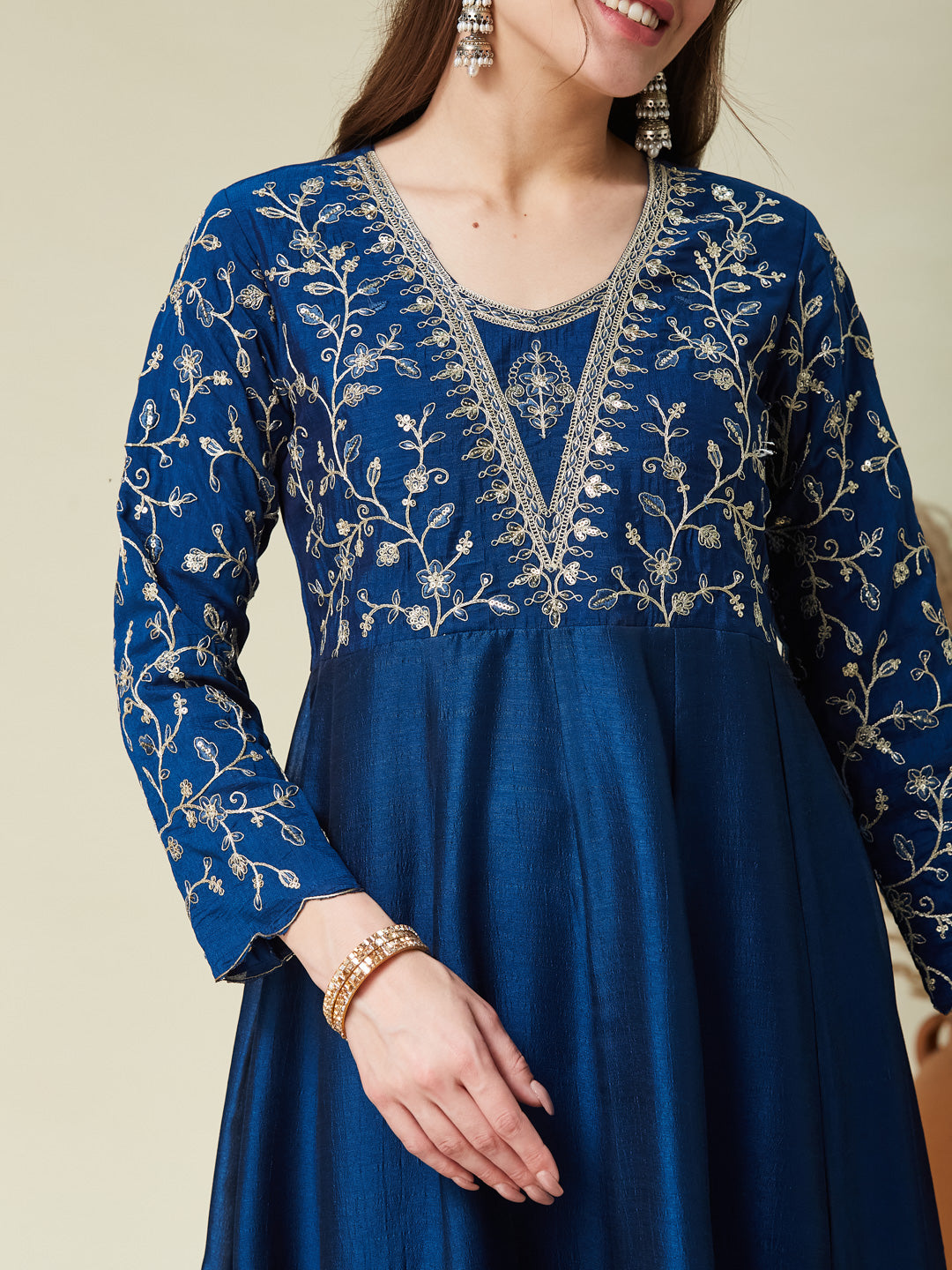 Teal Blue Embroidered Silk Anarkali Kurta With Dupatta Set