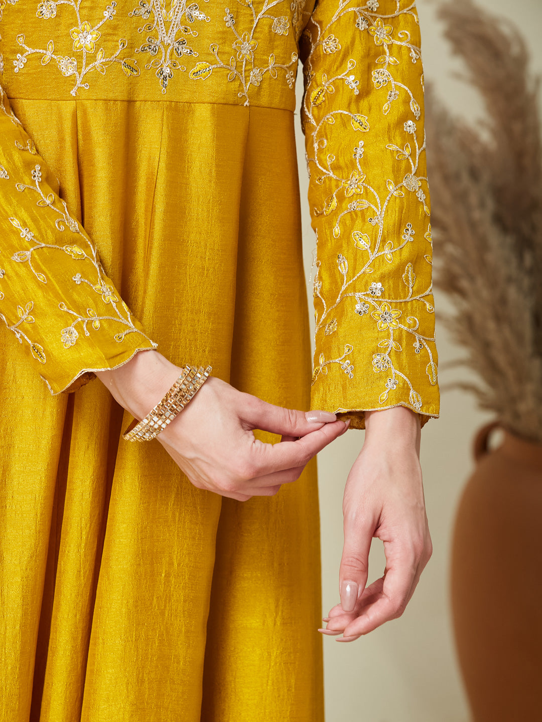 Mustard Embroidered Silk Anarkali Kurta With Dupatta Set