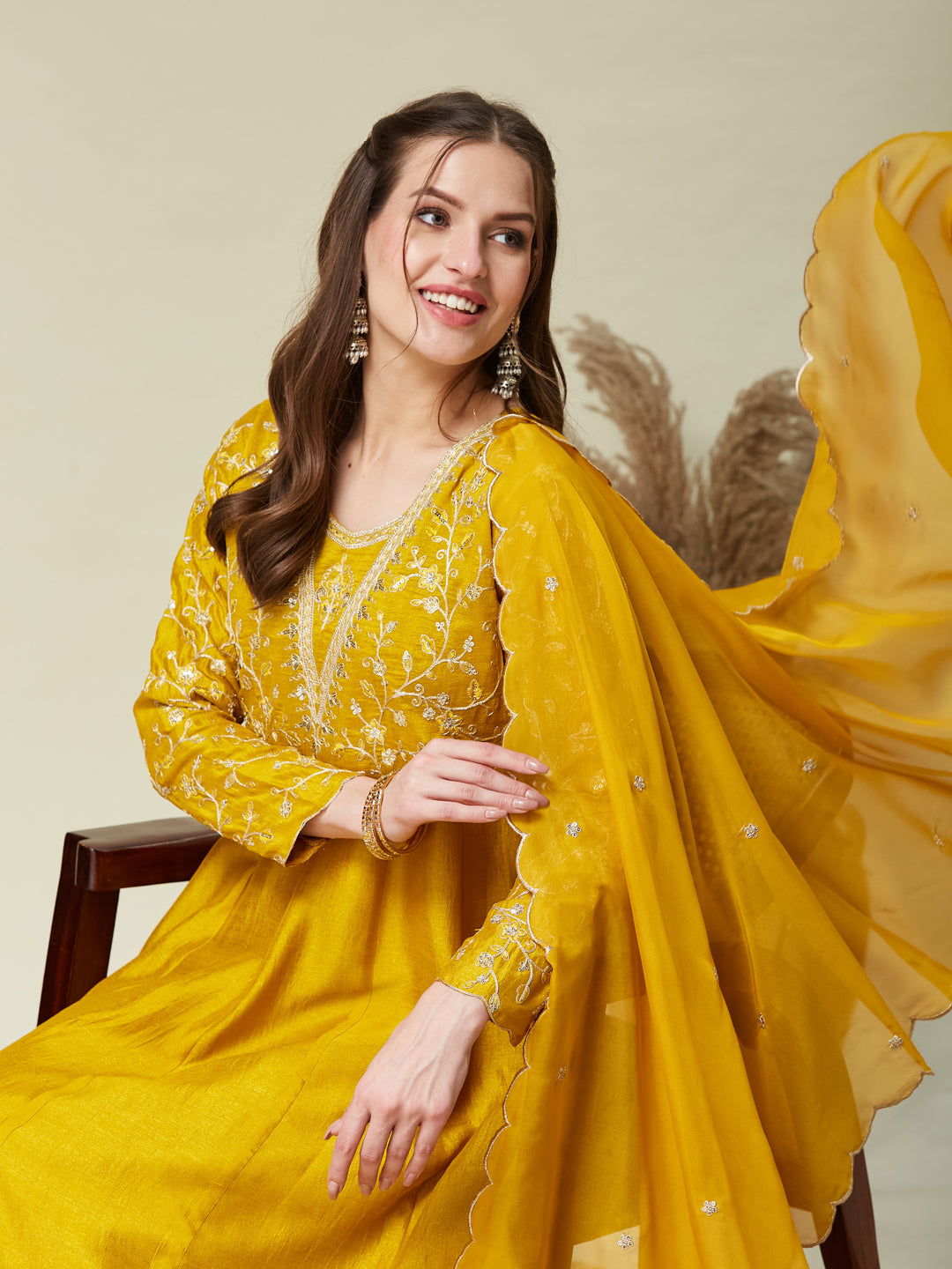 Mustard Embroidered Silk Anarkali Kurta With Dupatta Set