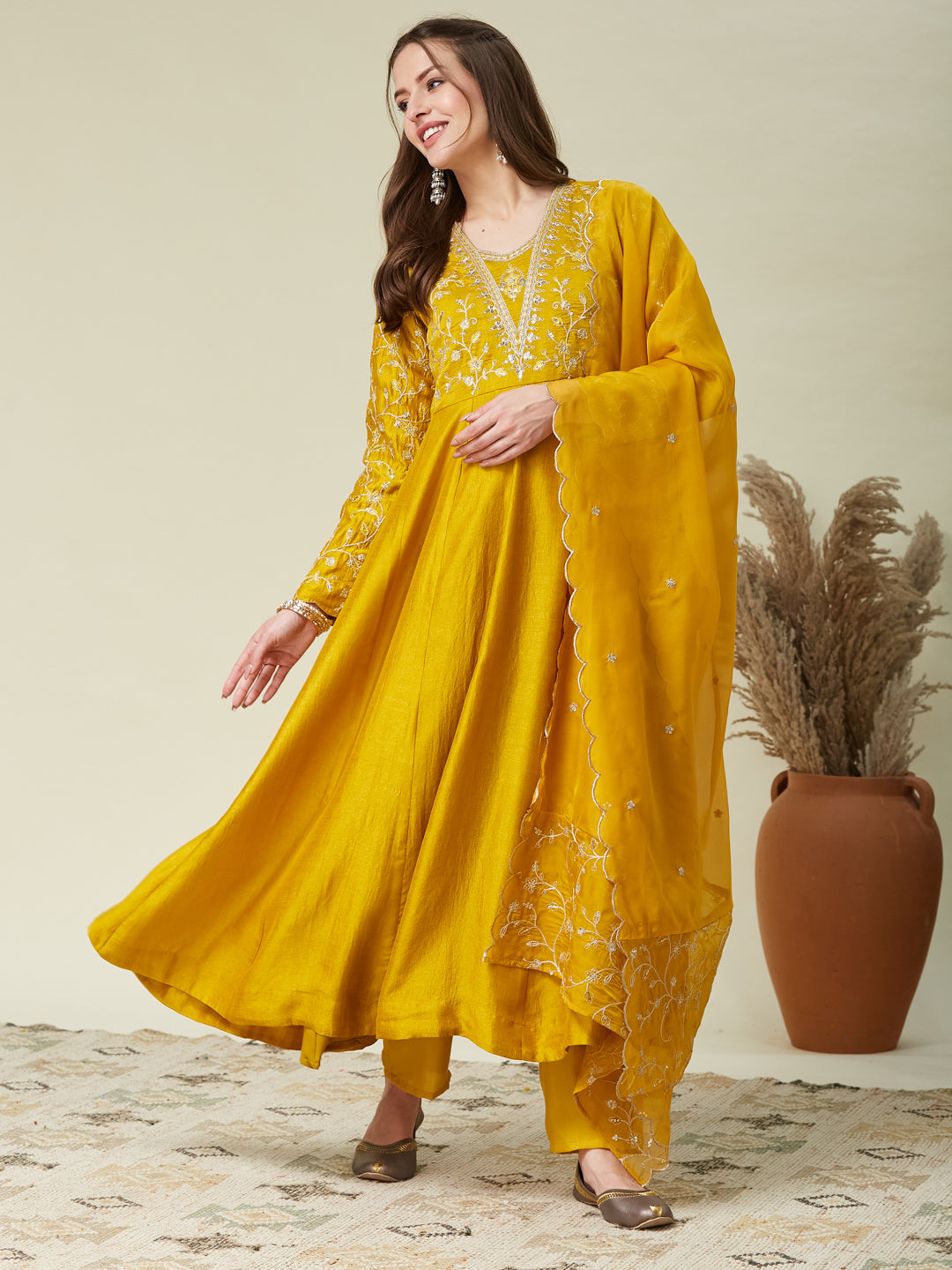 Mustard Embroidered Silk Anarkali Kurta With Dupatta Set