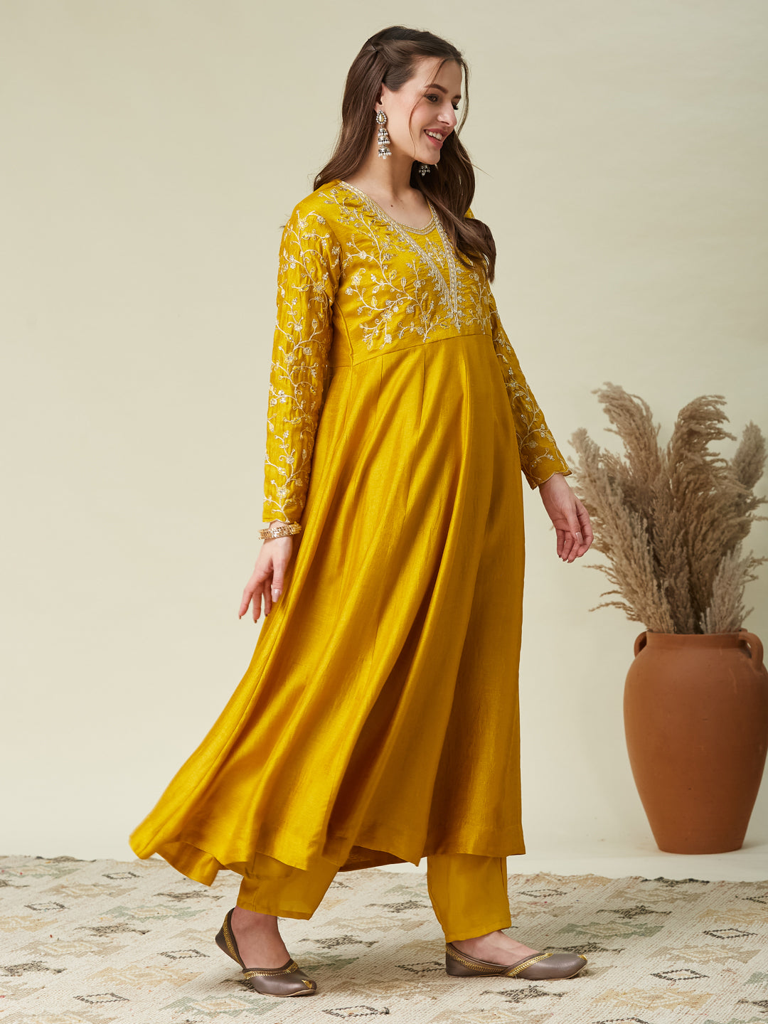 Mustard Embroidered Silk Anarkali Kurta With Dupatta Set