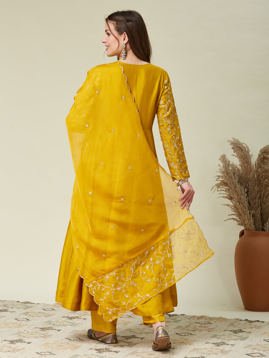 Mustard Embroidered Silk Anarkali Kurta With Dupatta Set