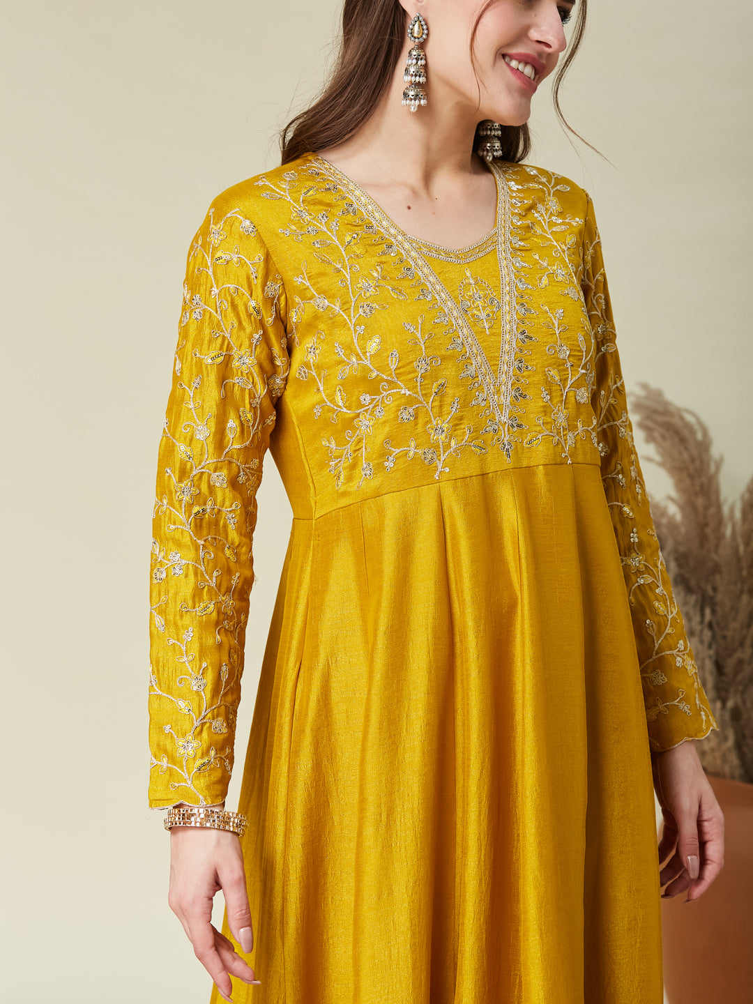 Mustard Embroidered Silk Anarkali Kurta With Dupatta Set