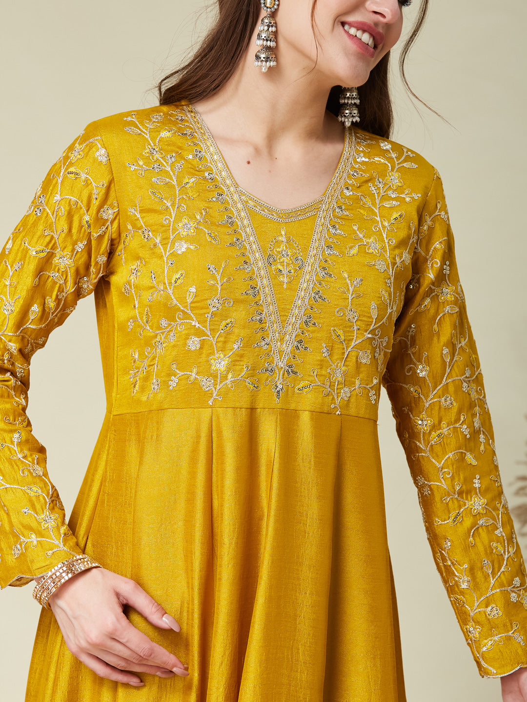Mustard Embroidered Silk Anarkali Kurta With Dupatta Set