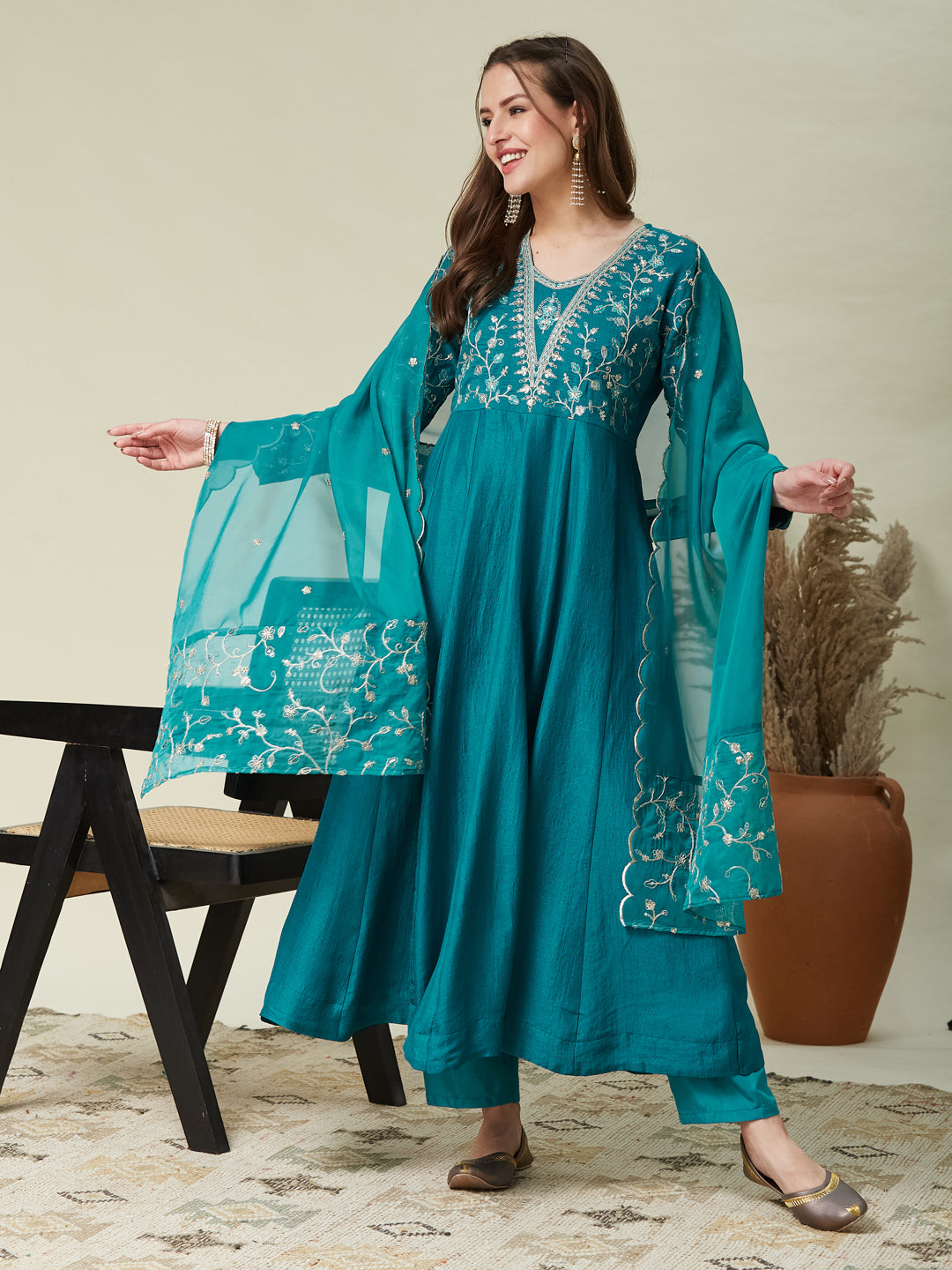 Rama Embroidered Silk Anarkali Kurta With Dupatta Set