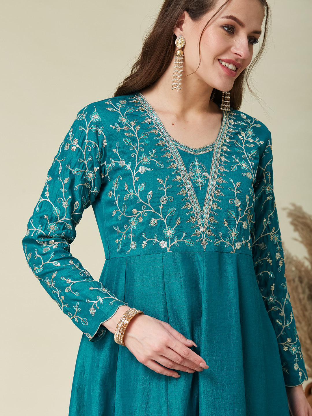 Rama Embroidered Silk Anarkali Kurta With Dupatta Set