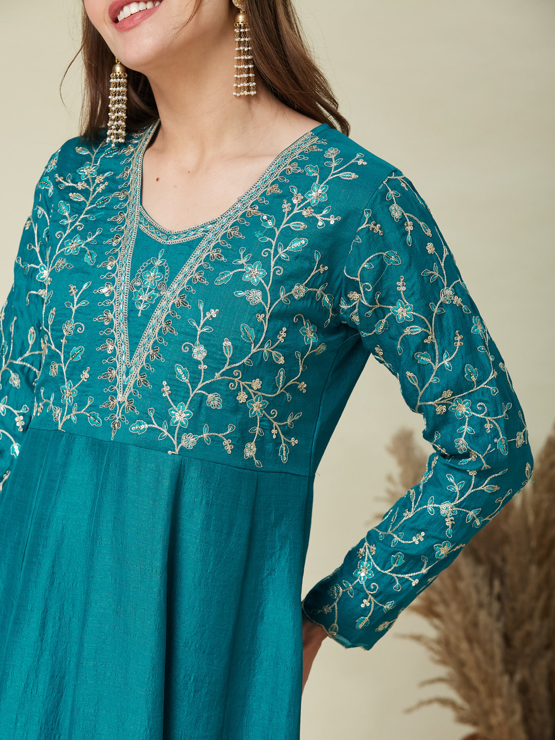 Rama Embroidered Silk Anarkali Kurta With Dupatta Set