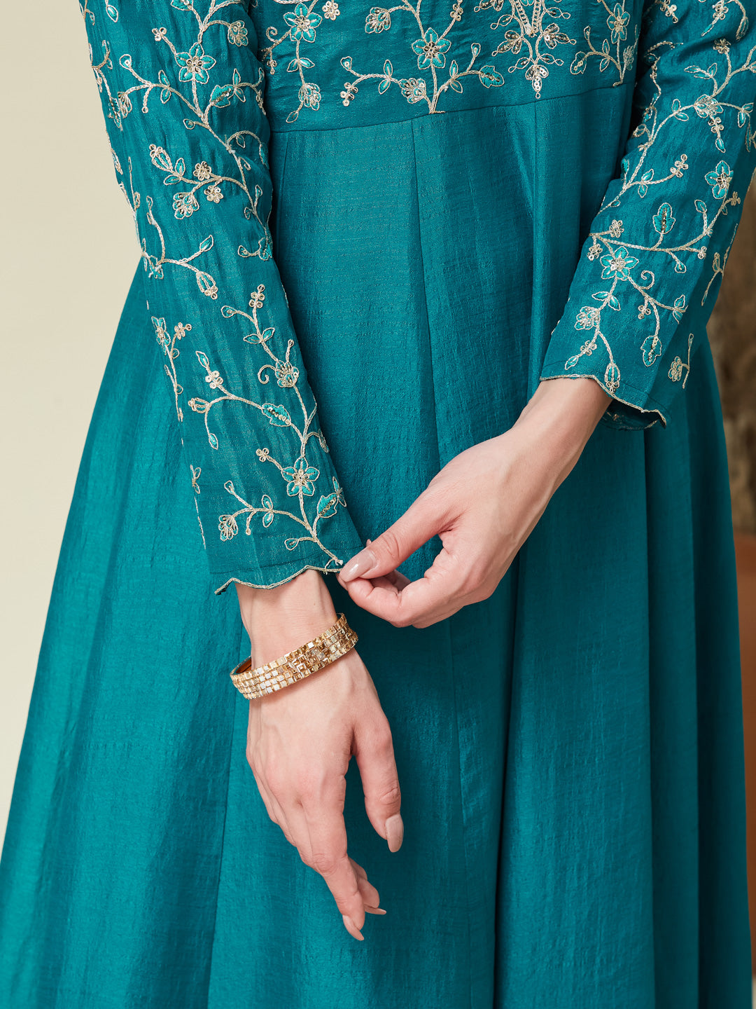 Rama Embroidered Silk Anarkali Kurta With Dupatta Set