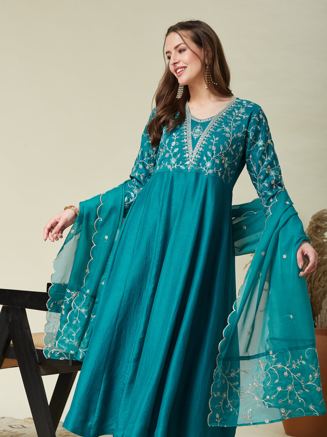 Rama Embroidered Silk Anarkali Kurta With Dupatta Set