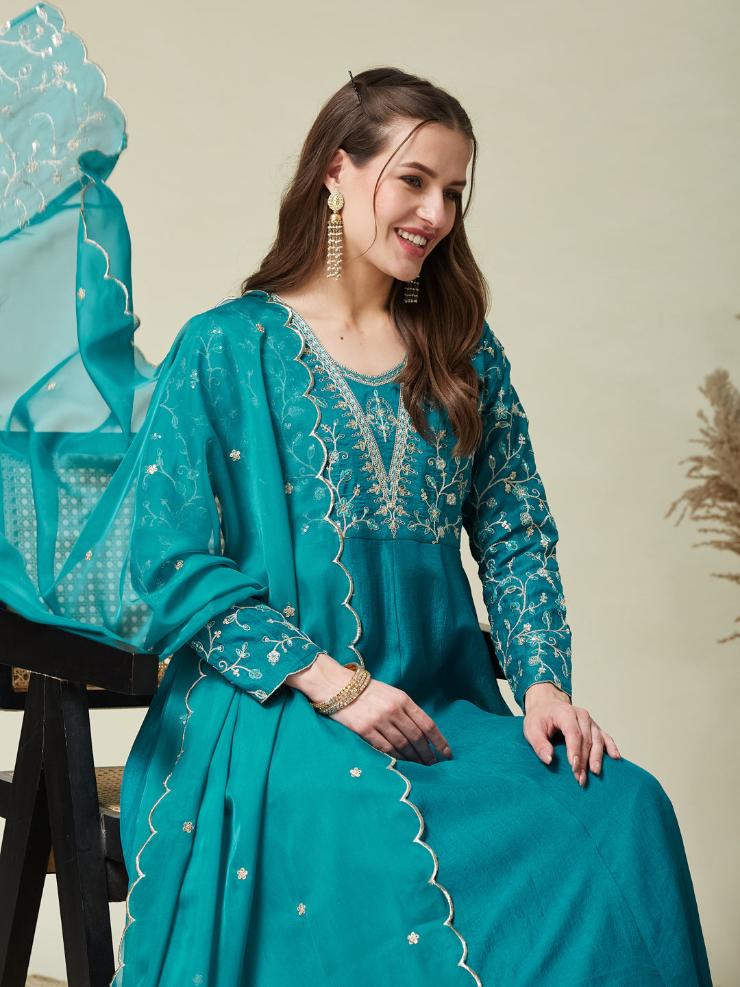 Rama Embroidered Silk Anarkali Kurta With Dupatta Set