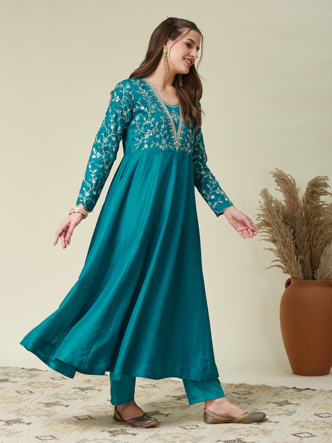 Rama Embroidered Silk Anarkali Kurta With Dupatta Set