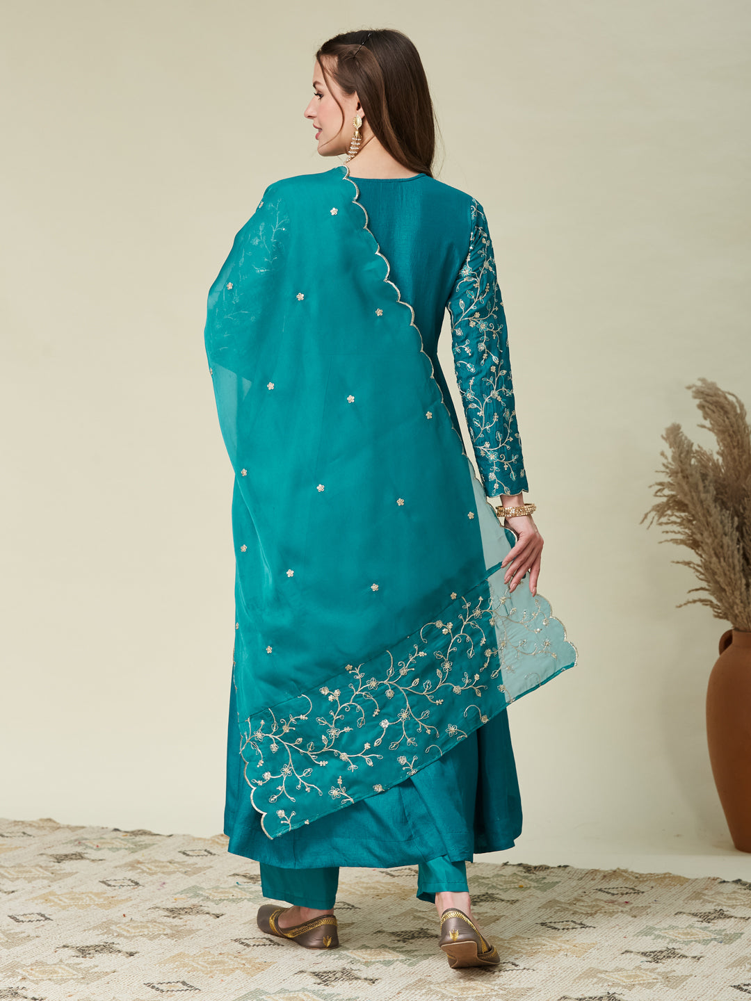 Rama Embroidered Silk Anarkali Kurta With Dupatta Set